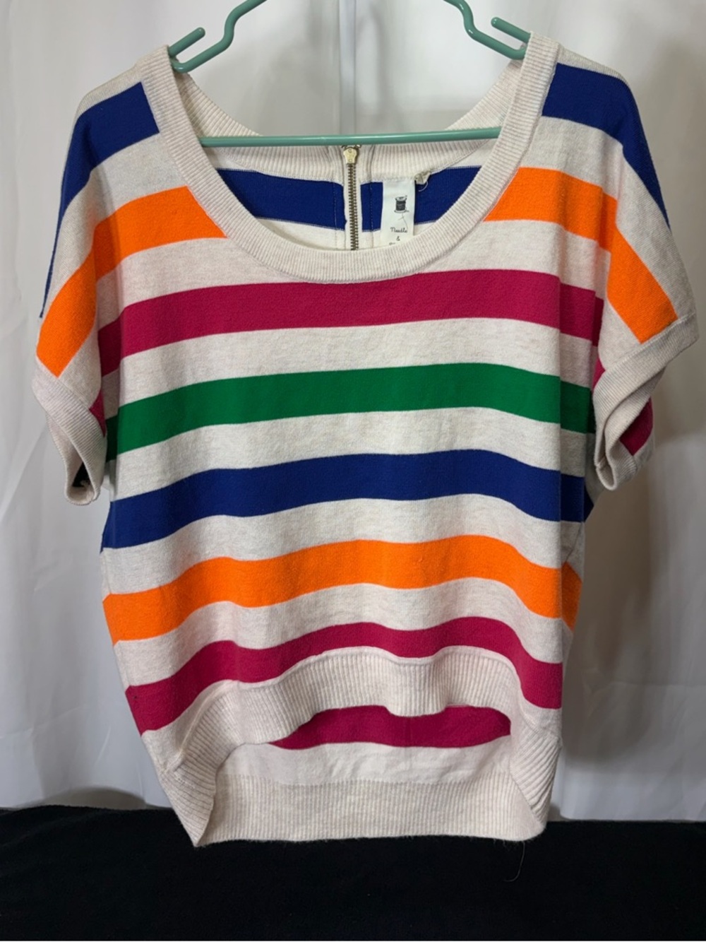 Needle & Thread Cream Scoopneck Sweater Blue, Orange, Pink & Green Stripes 2594